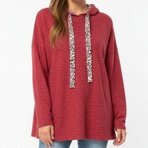 Womens 2X Oversized Boutique Hoodie Pullover Leopard Trim Cabincore Outdoor Cozy